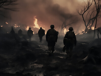 A landscape scarred by the ravages of war, portraying widespread destruction and desolation