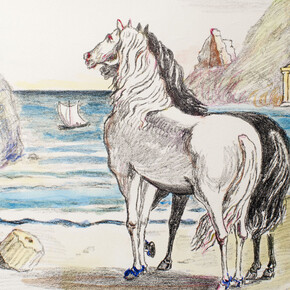 Giorgio de Chirico, Cavalli in riva al Tirreno, 1970. Litografia colorata a mano dall'artista. Courtesy of 29 Arts in Progress gallery