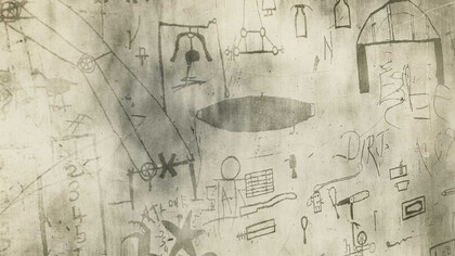 St. Elizabeth's Hospital. Reproducciones realizadas por un paciente, un caso perturbado de esquizofrenia, usó alfileres o uñas para rascar la pintura de la pared, capa superior de pintura de color chamariz, superpuesta sobre una capa de color rojo ladrillo de pintura. Las imágenes simbolizan eventos en la vida pasada del paciente, y representan un estado leve de regresión mental. Sin fecha, pero probablemente principios del siglo XX.Otis Historical Archives National Museum of Health and Medicine, Silver Spring, EE.UU.