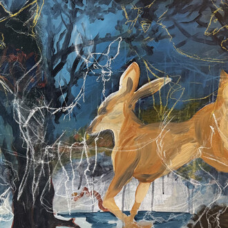 Mark Adams, Deer and coyote (detail). Courtesy of the Schoolhouse Gallery