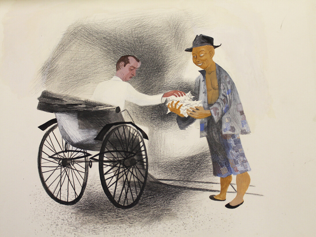 Bernard Perlin, “Rickshaw Driver, Shanghai”, 13 3/4” by 16 1/2”, tempera on board, 1945. Copyright: The Estate Of Bernard Perlin, Courtesy: Anna Zorina Gallery, New York City