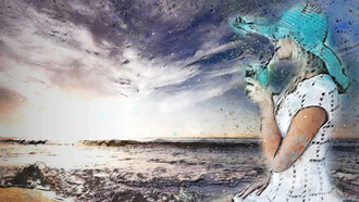 A woman sitting beneath the sunshine, near the sea drinking a glass of water