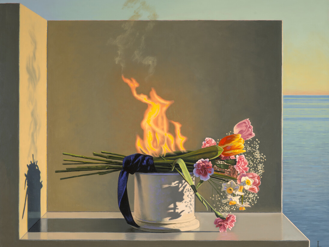 David Ligare, Still Life with Burning Flowers (Offering), 2015, Oil on canvas, 20 x 24 in.