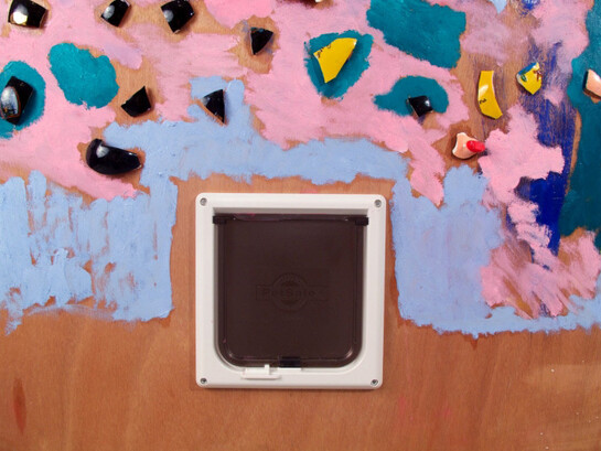 Jennifer Sullivan, The Only Way Out Is Through (detail), 2015, Oil, house paint, cat flap, and broken piggy banks on wooden door, 30 x 79 inches