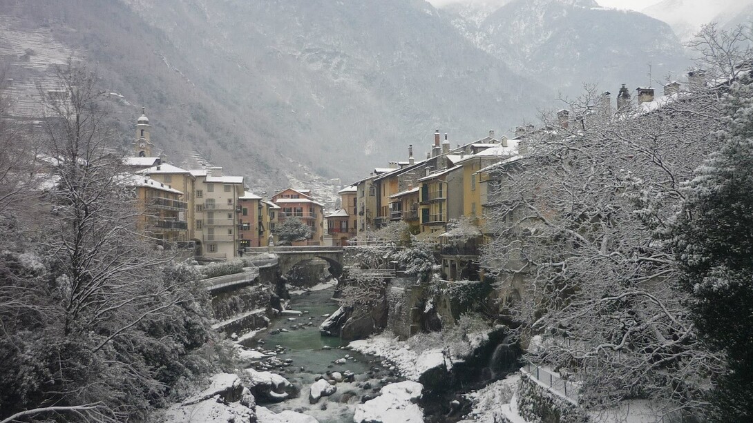 The historcal center of Chiavenna under snow