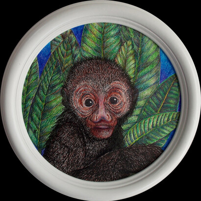 Viviana Cazzato, Baby Monkey, penne rollerball multicolor su carta canson 300 g,  diam. 22, 2020