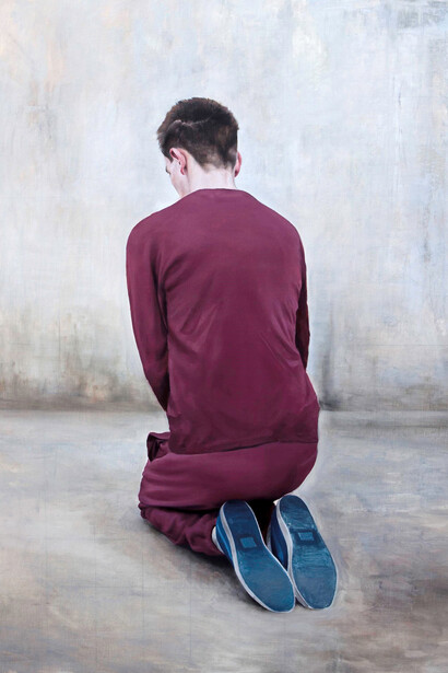 Patrick Redmond, Untitled (Red figure kneeling), oil on canvas, mounted on panel, 114 x 86 cm
