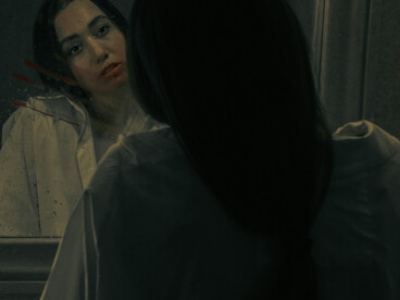 A melancholic woman standing before a mirror, confronting her thoughts in silence