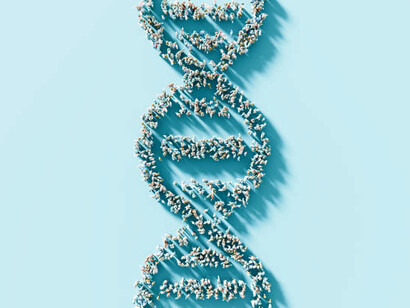 Human genetics involves genome sequencing, with a focus on the multi-colored molecular structure of the DNA helix, illustrating the complexity and diversity of genetic information