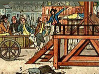 La ejecución de Robespierre y sus partidarios el 28 de julio de 1794. El hombre decapitado, no es Robespierre, sino Couthon. Maximilien Robespierre aparece sentado en el carro, vestido de marrón, con sombrero y un pañuelo en la boca. Su hermano menor, Augustin, es conducido por los escalones del cadalso, Francia