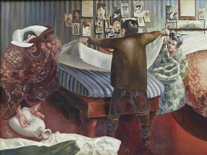 Stanley Spencer, Bedmaking, South wall at Sandham Memorial Chapel, Burghclere, Hampshire, 1927-1932, (105.5 x 185.5cm), © the estate of Stanley Spencer 2013. All rights reserved DACs. National Trust Images/John Hammond