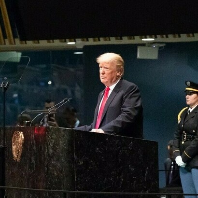 Donald Trump speaking at the United Nations in 2018, during his first presidency