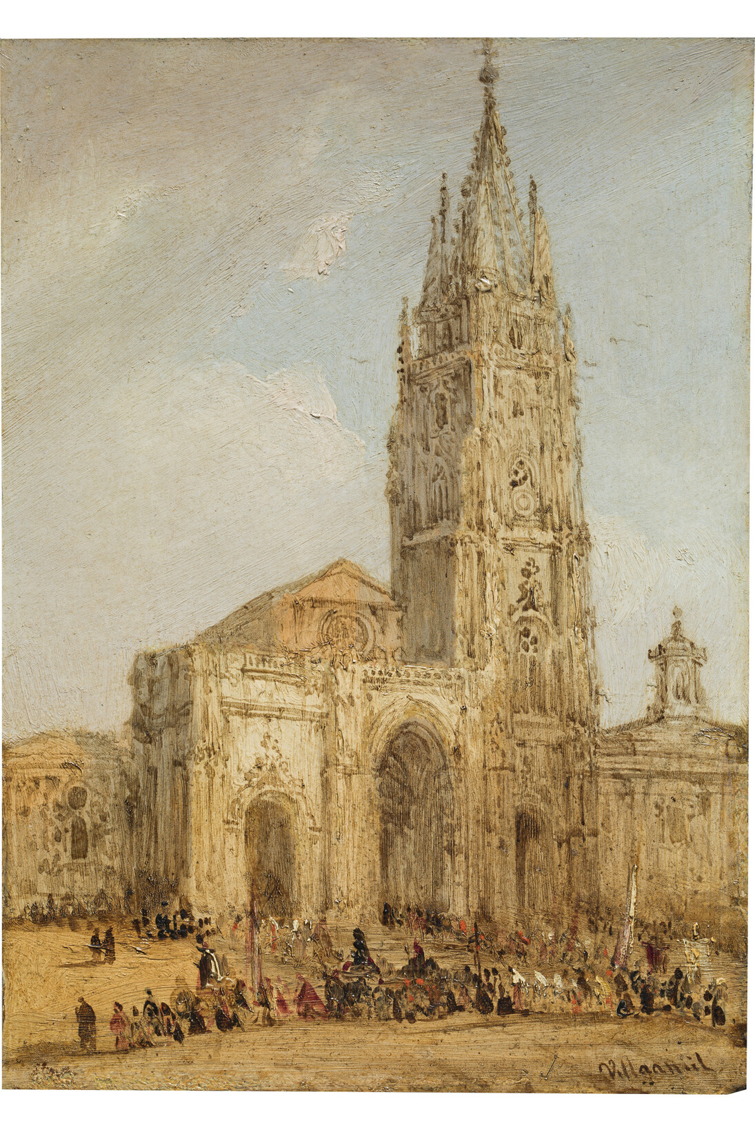 Vista de la fachada de la catedral de Oviedo
Díptico con 42 Vistas Monumentales de Ciudades Españolas, Peréz Villaamil, Óleo sobre hojalata y marco neo gótico, 17,8 x 12,5 cm, Madrid, Museo Nacional del Prado