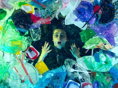 Persona che annega in acqua sotto un mucchio di contenitori di plastica, bottiglie e rifiuti vari