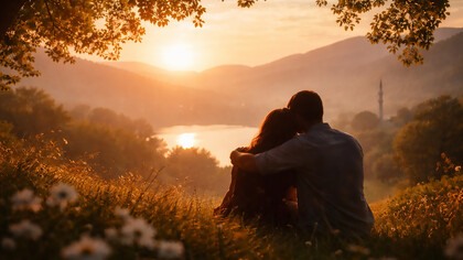 A quiet moment of connection at sunset, where love, stillness, and shared presence reflect the possibility of peace