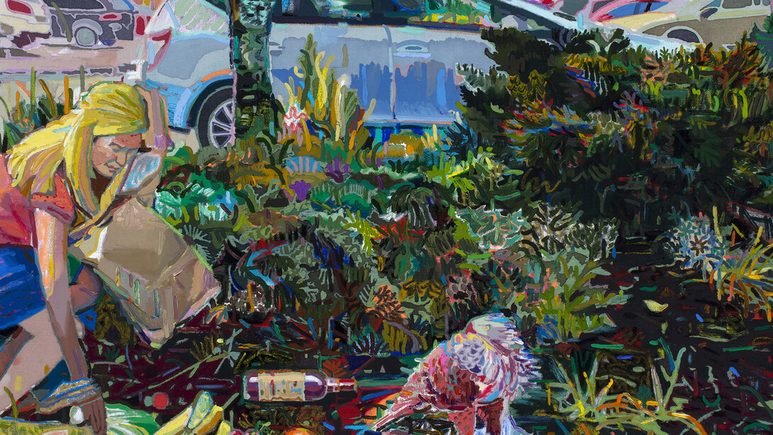 Leon Benn
Natural History
2019
oil, oil pastel, and fabric dyes on Moroccan linen
55 x 70 in. (139.7 x 177.8 cm)