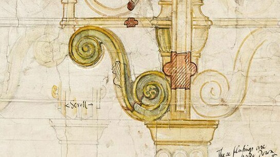 R. Norman Shaw RA (1831-1912), Working drawing of balustrade for a wooden screen (detail), drawn by W.R. Lethaby, 1879-80. Pencil, black ink and coloured washes on paper. c. Royal Academy of Arts, London. Photo: Prudence Cuming Associates Ltd.
