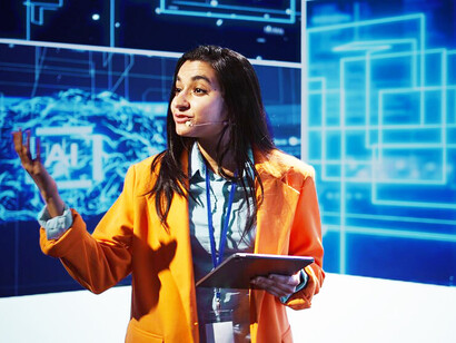 An IT technician presenting the latest innovations in artificial intelligence, including generative AI, AI chatbots, and machine learning