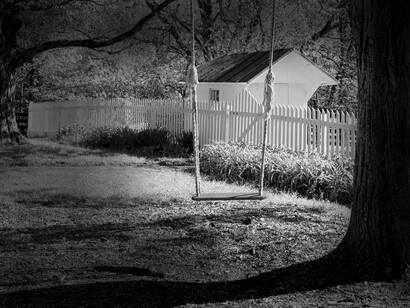 Balanço abandonado em jardim. A árvore era a mesma que a sua parca memória se esforçava a esquecer. Ao tocar no tronco, uma forte dor de cabeça como se facas se espetassem nas frontes desequilibra-o e cai de joelhos