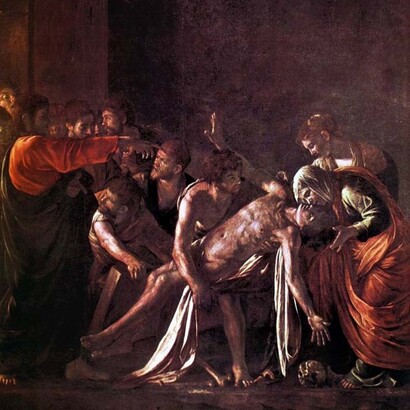 Caravaggio, Resurrezione di Lazzaro, 1609, olio su tela, 380 x 275 cm, Museo Regionale di Messina, Messina