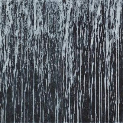 Richard Long, Mississippi River Blues, 2014, A four panel carborundum relief printed in Titanium White ink on Hahnemühle Etching White 350 gsm paper painted with a Mars Black acrylic wash. Overall 194 x 486 cm, Edition of 2, Courtesy Richard Long and Alan Cristea Gallery, London
