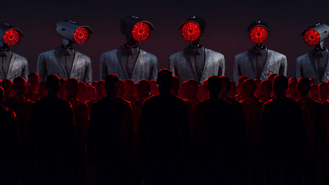 Artificial intelligence monitors people through advanced surveillance cameras, illustrating a dystopian world with no privacy or personal secrets