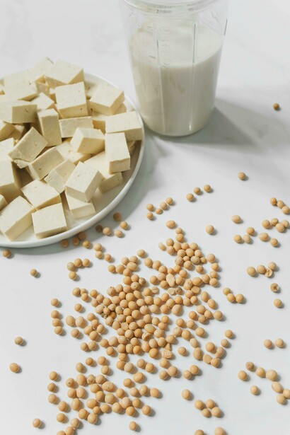 Tofu, soybeans, and soy milk on a white background, illustrating soy protein isolate sources