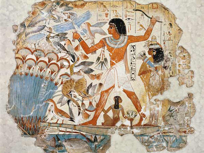 'Nebamun cazando en los pantanos con su esposa y su hija' (1991 - 1786 a.C.) ubicado en el Museo Británico en Londres, Inglaterra
