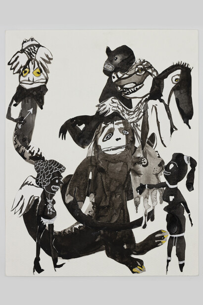 Lydia Maria Pfeffer, Kiss the head, 2019, India ink collage on paper, 14” x 11”