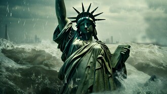 The Statue of Liberty sinks beneath stormy seas, a stark symbol of a republic drowning in tyranny, decay, and the collapse of its founding ideals