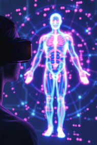 Un utilisateur de réalité virtuelle examine un corps numérique à mesure que les biotechnologies et les systèmes en réseau se rejoignent de plus en plus