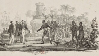 An 1825 engraving by Jean-Charles Develly depicts French envoy Baron de Mackau presenting King Charles X's ordinance to Haitian President Jean-Pierre Boyer, demanding a 150 million gold franc indemnity for formal recognition of independence
