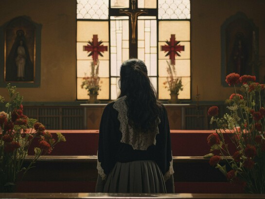 A lone figure facing the altar in silent prayer, reflecting the hope of renewal after spiritual decline