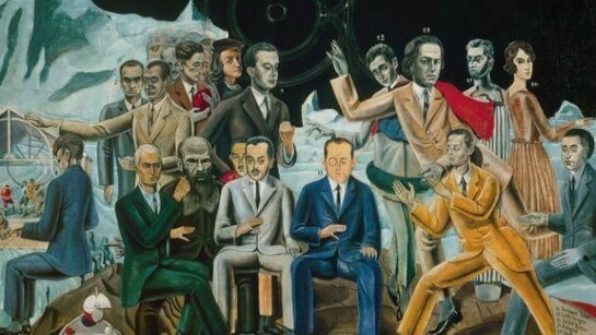 Los surrealistas y sus padrinos se dan cita en Reunión de amigos, de Max Ernst (1922)Óleo sobre lienzo, 130 x 195 cm. Museum Ludwig, Colonia. De pie, de izquierda a derecha: Philippe Soupault, Jean Arp, Max Morise, Rafael Sanzio, Paul Éluard, Louis Aragon, André Breton, Giorgio de Chirico y Gala Éluard. Sentados, de izquierda a derecha: René Crevel, Max Ernst, Fiódor Dostoyevski, Théodore Fraenkel, Jean Paulhan, Benjamin Péret, Johannes Theodor Baargeld y Robert Desnos.