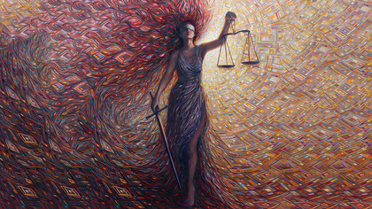 Abstract illustrations of the scales of justice can symbolize the tension between fairness and cultural bias