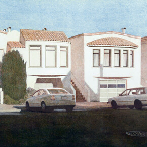 Robert Bechtle, Three Houses on Pennsylvania Avenue, 2011. Courtesy of Crown Point Press
