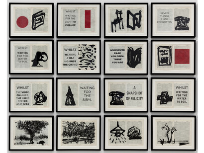 William Kentridge, Untitled, 2014, India ink and red pencil on Shorter Oxford Dictionary, Frame: 14-3/4 x 18-3/4 x 1 in. (each)