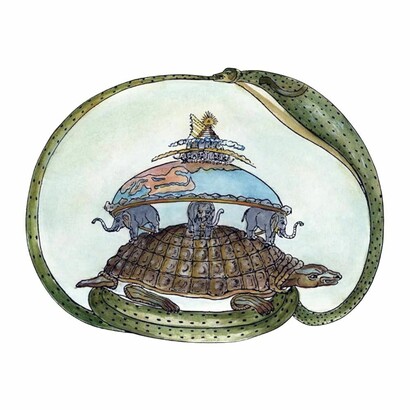 Cosmograma Hindu mostrando a la tortuga Akupara como soporte de elefantes sobre los cuales reposa la tierra, circundados por la serpiente Asootee