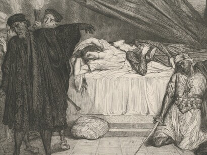 "Ó cão espartano": prancha 15 de Otelo (Ato 5, Cena 2), de Théodore Chassériau. Quando Iago planta a dúvida de que Desdêmona pode estar traindo-o, ele não ameaça apenas seu casamento, mas ameaça o próprio senso de si de Otelo; por isso, o ciúme se torna tão violento