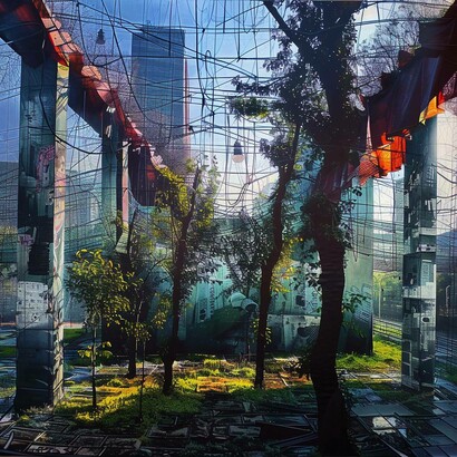 Immagine AI creata inserendo luoghi abbandonati della città rivestiti e reinventati dalla landart