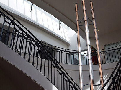 The intertwined double-helix staircase at the Bourse de Commerce, a historic architectural feature in Paris, France