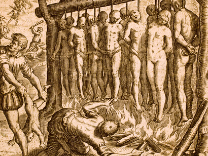 La masacre de la reina Anacaona y sus súbditos, grabado aparecido en una edición de 1598 de la «Brevísima relación de la destrucción de las Indias», del siempre digno fray Bartolomé de las Casas