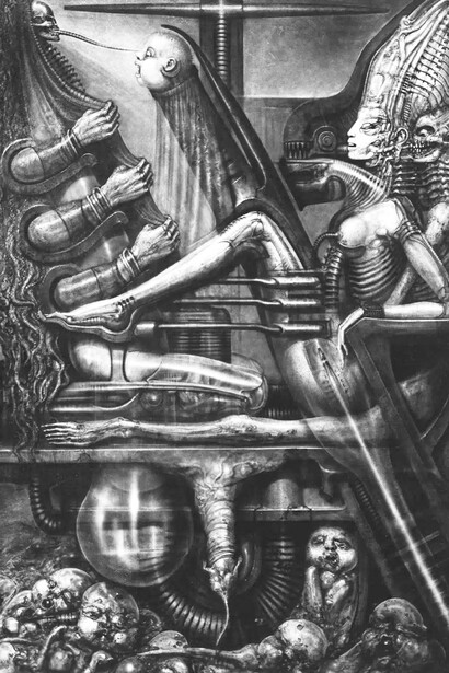 Hans Ruedi Giger, plasticien, graphiste, illustrateur, sculpteur et designer. On assiste  à la liquidation de toute anthropologie par l’affirmation de l’équivalence entre humain et produits de la technologie