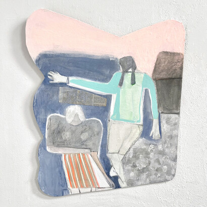 Miriam Hitchcock, Two Figures (Striped Skirt) (detail) (2024), Acrylic, Flashe, Ink, Newspaper on Wood, 21 x 17 inches. Courtesy of the artist and Susan Eley Fine Art