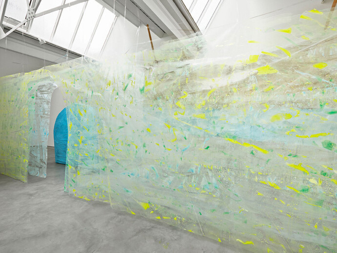 Karla Black, exhibition view, Modern Art, 13 October - 8 November 2014, Copyright the artist; Courtesy Stuart Shave/Modern Art, London, and Gisela Capitain, Cologne; Photography RG Image