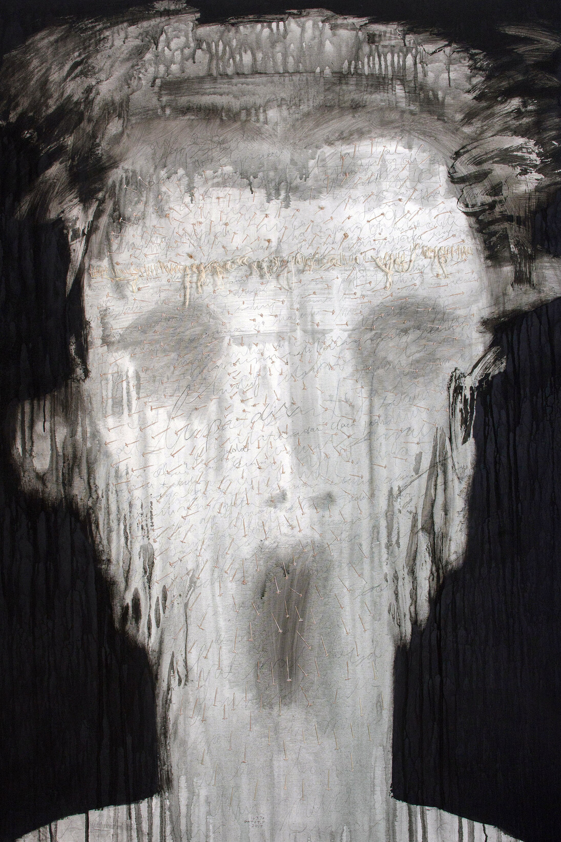 Gatot Pujiarto, Personal Crisis (Krisis Karakter), 2015, Acrylic and thread on canvas, 200 x 150 cm; 78 3/4 x 59 in.