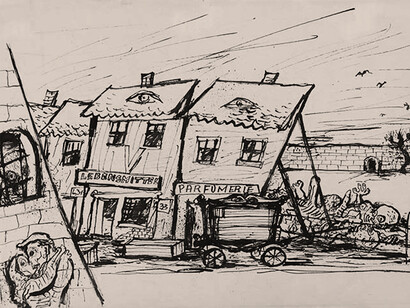 Dibujo de Bedřich Fritta, prisionero de Theresienstadt, que ridiculiza la campaña de «embellecimiento» y propaganda