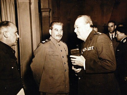 Yalta Conference, Crimea, February 4 to 11, 1945. Onboard warship during the Crimean Conferences at Yalta, Russia. Prime Minister Winston S. Churchill with Marshall Joseph Stalin