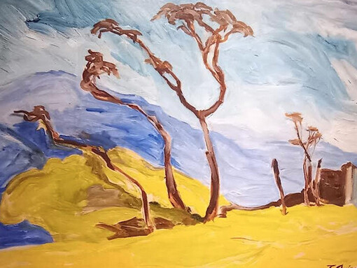 Teodorico Quirós, Árboles. En sus últimos años, el pintor exploró una cromática terrosa y gestual que se alejaba de su estilo más conocido, revelando un interés por investigar nuevas posibilidades expresivas en la pintura