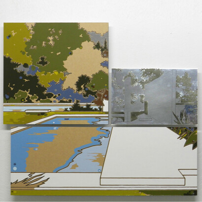 Guido Bagini, Technogreen 007, 2014 enamel on cardboard and zinc polished on dibond 62 x 68 cm